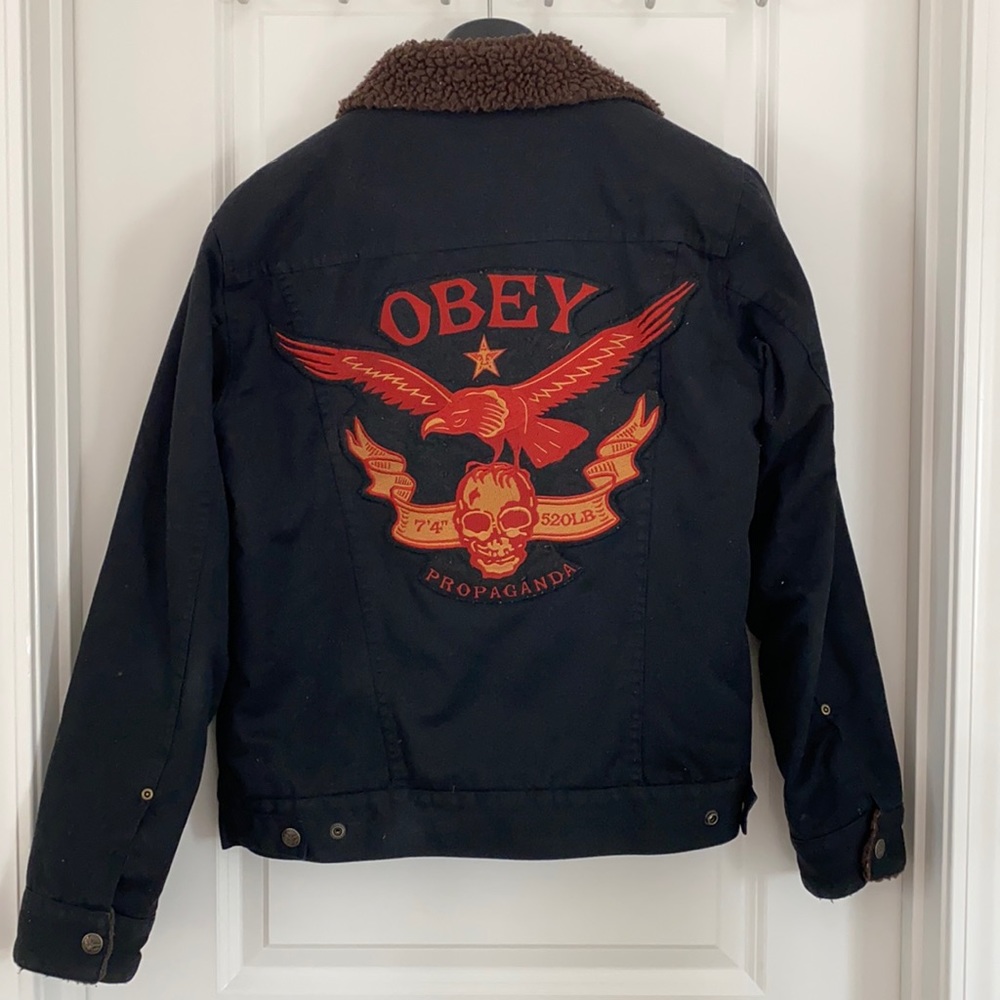 obey black denim Sherpa lined jacket